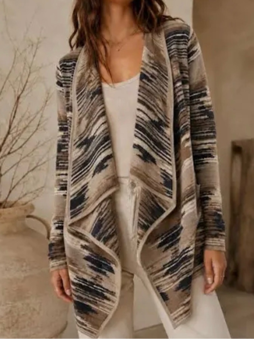 Lucky Brand Beige and Navy Draped Open-Front Cardigan